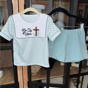 He is Risen easter toddler boy set smock embroidered top shorts sage gingham tee